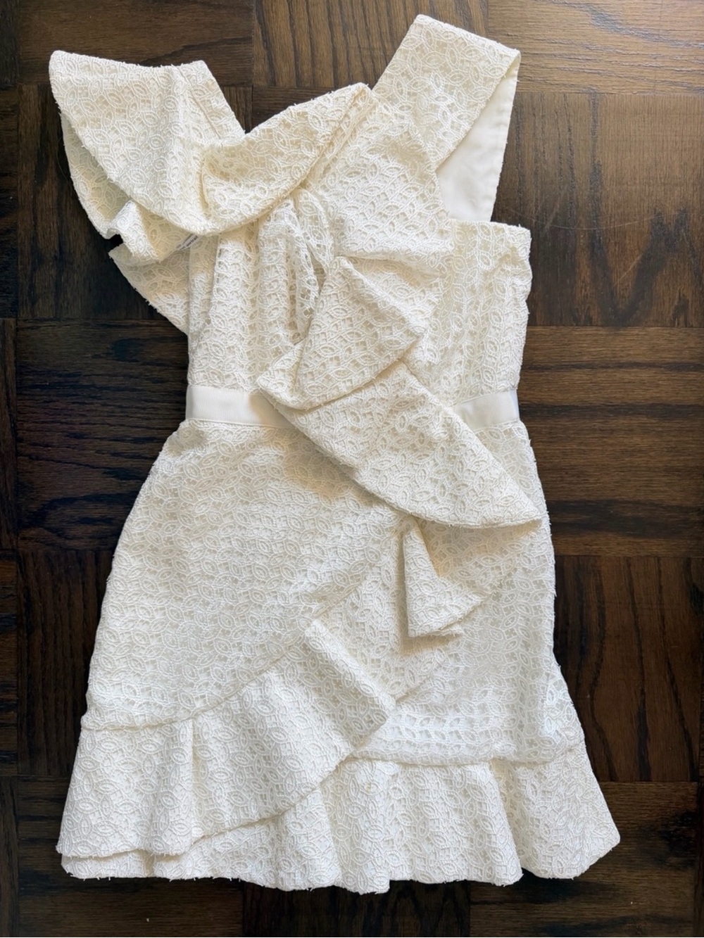 Self Portrait White One Shoulder Ruffle Lace Mini Dress Size 6